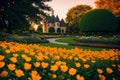 Flower garden, flowerbed close-up near old house, landscaping, beautiful nature in summer. Generative AI Royalty Free Stock Photo