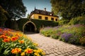 Flower garden, flowerbed close-up near old house, landscaping, beautiful nature in summer. Generative AI Royalty Free Stock Photo