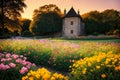 Flower garden, flowerbed close-up near old house, landscaping, beautiful nature in summer. Generative AI Royalty Free Stock Photo