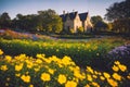 Flower garden, flowerbed close-up near old house, landscaping, beautiful nature in summer. Generative AI Royalty Free Stock Photo