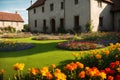 Flower garden, flowerbed close-up near old house, landscaping, beautiful nature in summer. Generative AI Royalty Free Stock Photo