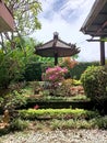 flower garden with gazebo of frangipani trees and buddha statues
