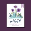 Flower garden poster design with Aster flowers, watering pot watercolor illustration