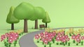 Flower garden and walkway,trees in green parks,cartoon style low poly 3d render