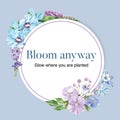 Flower garden wreath design with hibiscus, columbine flower watercolor illustration