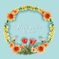 Flower garden wreath design with mullein, gerbera, cordia, zinnia watercolor illustration