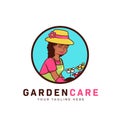 Flower gardening landscape and lawncare logo with humble african gardener woman mascot icon illustration vector