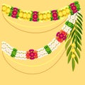 Flower garland and palm leaf. Indian mala traditional ornate decoration