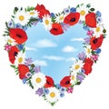 Flower garland spring frame with blue sky backgrou