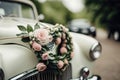 Flower Garlands Adorning Classic Vintage Car Decorated Wedding Car. Generative AI Royalty Free Stock Photo