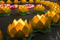 Flower garlands and colored lanterns for celebrating Buddha`s birthday in Eastern culture. They are made from cut paper and candl