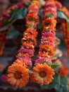 Flower Garlands Prepared for a Hindu Ceremony The flowers edges soften