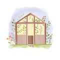 Flower greenhouse with a variety of flowers. Cute summer illustration. flower garden, garden
