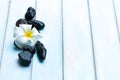 Flower on group of black stone on wooden floor. Royalty Free Stock Photo