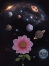 A flower growing in outer space with planets, galaxies and spaceships behind it