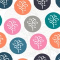 Random pink, orange, blue, gray textured polka dot with flowers inside on white. Royalty Free Stock Photo