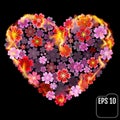 Flower heart in fire isolated on black background. Fire heart wi Royalty Free Stock Photo