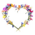 Flower heart frame of watercolor bright meadow flowers