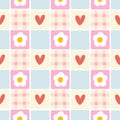 Flower and heart seamless pattern in patchwork style. Cute childish background with daisy, checkered texture and hearts Royalty Free Stock Photo