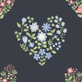 Flower heart. Seamless pattern wich floral heart of decorative of red and blue flowers on black background. Vector