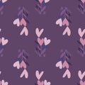 Flower hearts doodle hand drawn seamless pattern. Purple background. Pink and lilac floral ornament Royalty Free Stock Photo