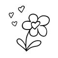 Flower with hearts, hand-drawn doodle romantic botanical element. Love feelings, design Valentine\'s Day, drawing by ink,