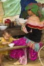 A flower hmong and her baby at Bac Ha Week end market Royalty Free Stock Photo