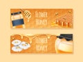 Flower honey. Bee hive food. Horizontal banners design. Sweet product jars. Camomile blossom with honeybees. Bookmarks