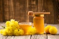 Flower honey in a jar and bowl, wooden dipper, lemons Royalty Free Stock Photo