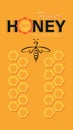 Flower honey. Linear bee logo, honeycomb and the inscription on an orange background.