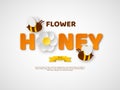 Flower honey typographic design. Paper cut style letters, flower and bees. Template design for beekiping and honey