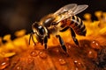 nature closeup bee insect pollen gold background yellow generative honey macro. Generative AI. Royalty Free Stock Photo