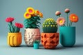 Flower house plants in colorful pots, illustration ai