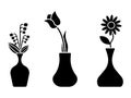 Flower icon, sign, symbol, black and white vector set. Group of blossom in vase flat simple style.