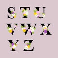 Set of elegant alphabet font decorated with with colorful flowers. Floral lettering initials for wedding logo monogram Royalty Free Stock Photo