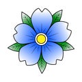 Flower with leaves old school traditional classic tattoo. Blue yellow green. Hand Drawn Black Outline Doodle Logo Icon. Stock