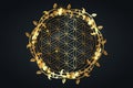 Flower of life, gold spiritual mandala, Sacred Geometry. Bright golden symbol of harmony and balance. Mystical talisman, luxury
