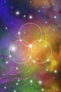 Flower of life - the interlocking circles ancient symbol on outer space background. Sacred geometry. The formula of