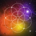 Flower of life - the interlocking circles ancient symbol on outer space background. Sacred geometry. The formula of nature. Royalty Free Stock Photo