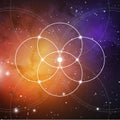 Flower of life - the interlocking circles ancient symbol on outer space background. Sacred geometry. The formula of nature.