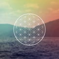 Flower of life sacred geometry illustration with intelocking circles and light dots in front of photographic background