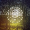 Flower of life sacred geometry illustration with intelocking circles and light dots in front of photographic background Royalty Free Stock Photo
