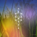 Flower of life sacred geometry illustration with intelocking circles and light dots in front of photographic background. Hipster Royalty Free Stock Photo