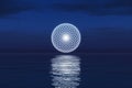 Flower of Life Sacred Symbol over endless ocean water and stars sky Universe background. 3D Rendering Concept Royalty Free Stock Photo