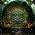 Flower Of Life symbol (sacred geometry) with title.