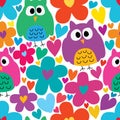 Flower love big small owl cute seamless pattern Royalty Free Stock Photo