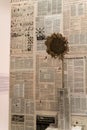 flower made of newsprint, newspaper wall in the background, in a vase with water