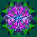 FLOWER MANDALA. COLORFUL IMAGE. VINTAGE STYLE.PLAIN GREEN BACKGROUND. CENTRAL FLOWER IN GREEN, BLUE, FUCHSIA, PURPLE, WHITE