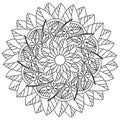 Flower mandala coloring page with doodle flowers and leaves, round antistress illustration