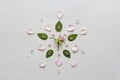 Flower Mandala on Gray Background. Geometrical floral composition. Rose laid out on the petals. Stones rose quartz and rock